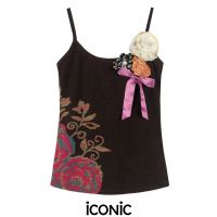 iCONiC BROWN ROSE HANDMADE FLOWERS TOP  #6105  เสื้อสายเดี่ยว สีน้ำตาลผ้ายืด ตกแต่ง ดอกไม้ทำมือ หลากหลายแบบ แต่ละตัว ไม่ซ้ำกัน เสื้อผญ เสื้อแฟชั่น