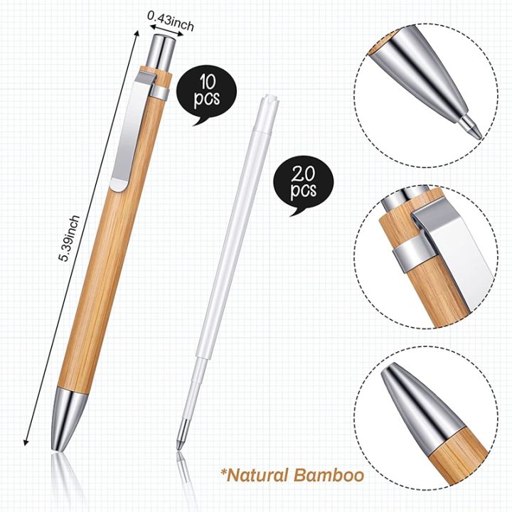 10-pieces-bamboo-pens-for-journaling-blue-ink-ballpoint-pens-and-refills-retractable-wooden-pens-office-products-pens