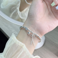 s925 สร้อยข้อมือเงินแท้สำหรับผู้หญิงแบบใหม่พู่โบว์กระดิ่งสร้อยข้อมือลูกปัดทรงสี่เหลี่ยมแฟชั่นเฉพาะกลุ่มเครื่องประดับที่สวยงาม ~