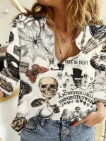 NianMiao Plus Size Gothic Blouse, Womens Plus Skull &amp; Butterfly Print Long Sleeve Turn Down Collar Button Up Shirt