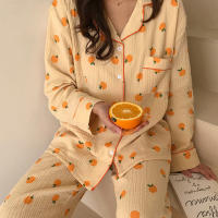 Kawaii ผ้าฝ้ายบ้านสูทเกาหลีชุดนอนสีส้มพิมพ์ชุดนอนผู้หญิงฤดูใบไม้ร่วง Pijama ชุดนอนแขนยาวกางเกง2ชิ้นชุดชุดนอน