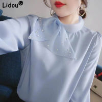 Spring Elegant Fashion Women Scarf Collar Chic Bow Beading Chiffon Shirt Korean Temperament Long Sleeve Loose Blouse Casual Tops