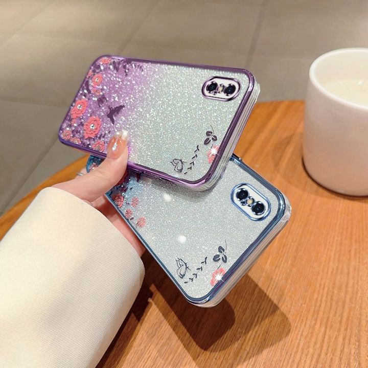 เคสกากเพชรสำหรับ-iphone-x-xr-xs-สูงสุด7-8-6-6s-se2-se3-se-2020-2022เคสโทรศัพท์ฝาหลังอ่อนนุ่มซิลิโคน-tpu-ยืดหยุ่นเคสกันกระแทกมือถือ-bling-ป้องกันชุบดอกไม้ไล่ระดับสี