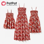 PatPat Mommy and Me Red Floral Shirred A-Line Strap Dress