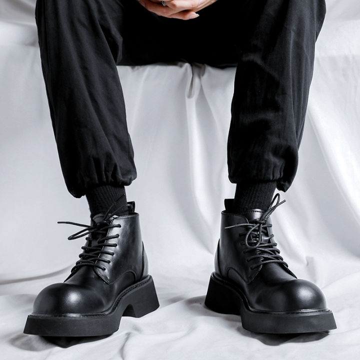 รองเท้าบูทหุ้มข้อหนังคาวบอยหัวมนหุ้มข้อสไตล์อังกฤษบู๊ทสำหรับรถมอเตอร์ไซค์มาร์ตินสีดำย้อนยุค