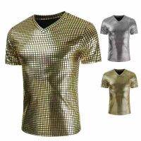 2023 Customized Fashion Mens Metallic Shiny Slim T-shirt V-neck shiny short-sleeved mens T-shirt，Contact the seller for personalized customization