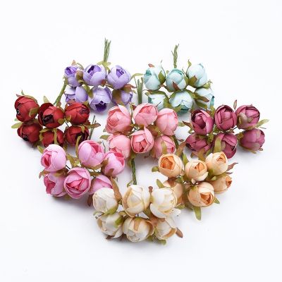 ✤﹊ 6pcs Mini Silk Tea Rose Bud Artificial Rose Flower Bouquet Scrapbooking Wedding Party Decoration DIY Handmade Fake Flowers Craft