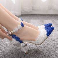 9 cm color matching blue and white lace flower banquet stage sandal heel sandals women cheongsam ball pointed sandals