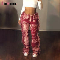 Vintage Side Tassels Patchwork Striped Print Jogger Pant Women Rave Festival Clothing 2021 Casual Streetwear Bodycon Sweat Pants