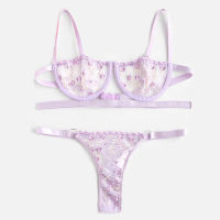 Hot sale new style womens thin section mesh embroidered sexy underwear underwire gather bra panty set thong sexy lingerie set