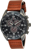 Citizen Mens Eco-Drive Weekender Chronograph Watch in Black IP Stainless Steel with Brown Leather strap, Black Dial (Model: AT2447-01E)