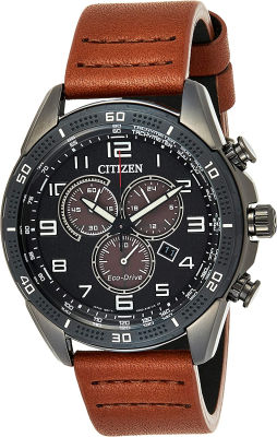 Citizen Eco-Drive Weekender Chronograph Mens Watch, Stainless Steel with Leather strap, Brown (Model: AT2447-01E)