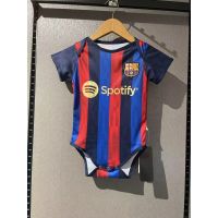 ♚ 2223 New Baby Romper Barcelona Home Football Jersey Red Blue Striped Romper Jersey Short Sleeve Jersey Bodysuit One Piece Size 9/12 Barcelona Baby Romper Jesey