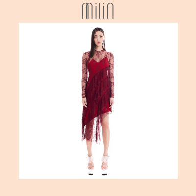 [MILIN] Asymmetric lace ruffles tier long sleeve dress เดรสชายยาวไม่เท่ากัน ลูกไม้ แขนยาว แต่งระบายเป็นชั้น Scuttle Dress สีแดง/ สีเบจ Red/ Beige