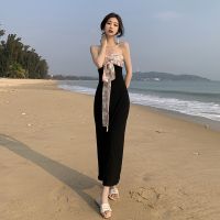 The new French style restoring ancient ways sexy black floral dress temperament of cultivate ones morality show thin neck bag hip skirt with shoulder-straps