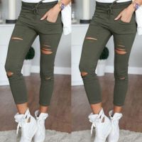 Plus Size Women Denim Skinny Cut High Waist Holes Style Stretch Jeans