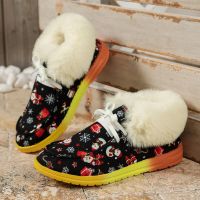 Christmas Print Winter Boots for Women 2023 Thick Plush Warm Snow Boots Women Outdoor Flat Heels Fluffy Fur Cotton Shoes Woman