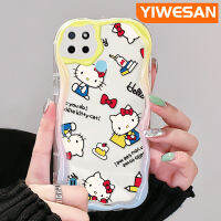 YIWESAN เคสสำหรับ Realme C21Y,เคส C25Y ทันสมัยเคสลายแมว Hello Kitty สีสันสดใสเคสโทรศัพท์โปร่งใสขอบเป็นคลื่นเนื้อครีมเคสกันกระแทกซิลิโคนอ่อนชัดเจน