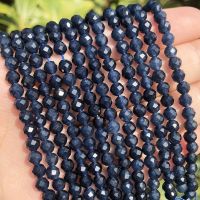 Natural Blue Sapphire Round Faceted Loose Spacer Tiny Beads DIY Bracelet Earring Charms for Jewelry Making 15inch 2/3/4mm