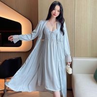 V-Neck Kimono Nightwear 2 Pieces Robe Set Femme Sleepwear y Bathrobe&amp;Chemise Nightgown Suit Lace Gown Intimate Lingerie