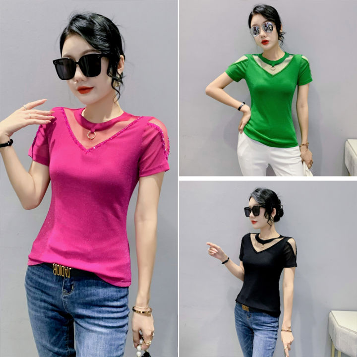 yimei-korean-fashion-beaded-t-shirt-for-women-2023-summer-new-sexy-mesh-top-for-women-thin-foreign-slim-fitting-womens-t-shirt