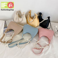 ifashionbagshop(IF1755) กระเป๋าผ้าสะพายไหล่FASHION&amp;BAGSตกแต่งด้วยไข่มุก