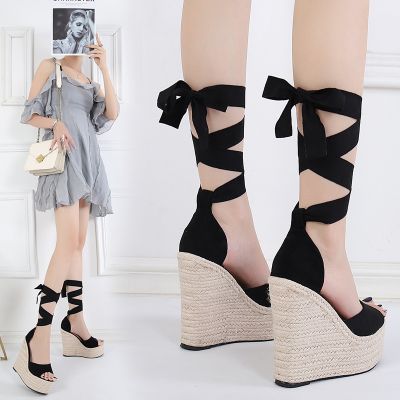 Summer the new European and American fashion high-heeled shoes with hemp rope around his ankle sandal wedge heel 16 cm