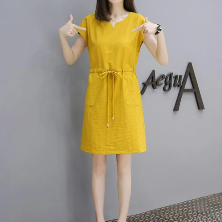 women-short-sleeve-loose-v-collar-lacing-dress-for-summer-wear