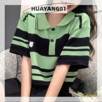 HUAYANG01 [2023 new HOT FASHION] lazlook เสื้อยืดแขนสั้นคอปกลายแฟชั่นสำหรับผู้หญิงเสื้อครอปถักทรงหลวมลำลองสำหรับฤดูร้อน