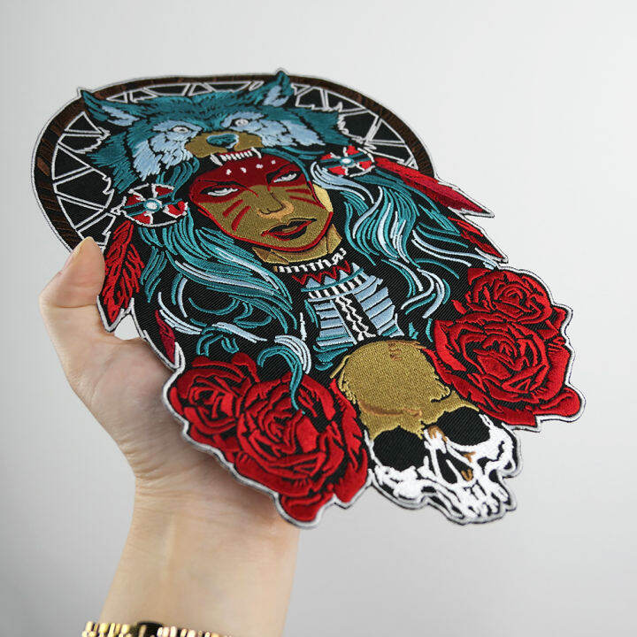 queen-of-the-forest-skull-embroidery-patches-17-27cm-big-back-iron-on-patch-appliques-rose-and-wolf-mc-bikers-jackets-vests