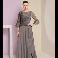 【YF】 Classic Gray A-Line O- Neck Chiffon Appliques Half Sleeve Floor-Length Elegant Mother of the Bride Dress Formal Party Wedding