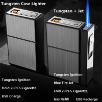 ○ Can Hold 20 New Metal Cigarette Case Flashlight USB Lighter Windproof Jet Rechargeable Gas Lighter Men 39;s Gadget