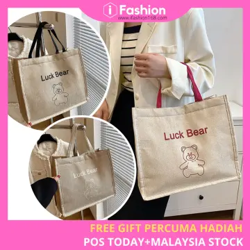 Bear Jute Burlap Tote Bag with Handles Japanese Linen Bento Bag 