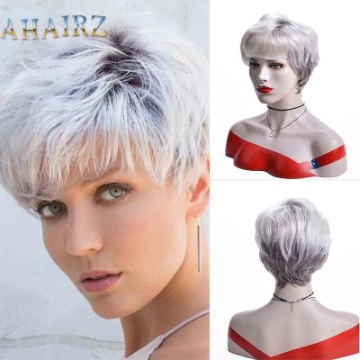 Short Ombre Grey White Synthetic Wig For Women Natural Wavy Curly Puffy Hair With Bangs Heat Resistan Fiber Cosplay Wigs