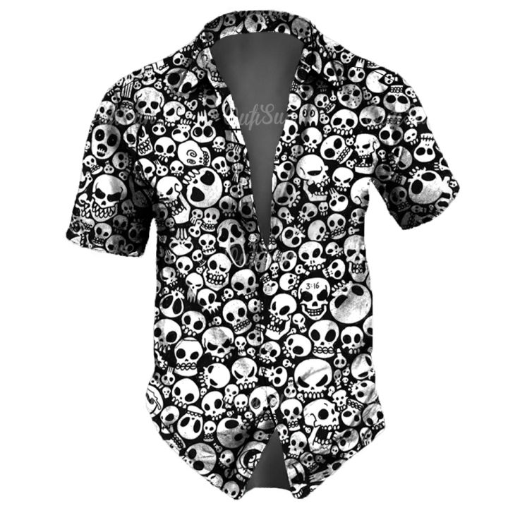 2023เสื้อมีปกชุดเดรสวินเทจสำหรับเสื้อลายหัวกะโหลกฮิปฮอปแขนสั้นเสื้อฮาวายลำลองสำหรับปาร์ตี้ฤดูร้อน