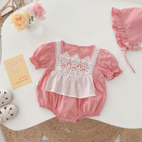 2022 Summer Infant Kids Lace Floral Short Sleeve Princess Party Birthday Bodysuits Baby Girls Toddler Rompers + Hat