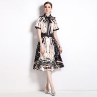 Women Short Sleeve Dress Elegant Spot Midi Real Dress Vintage Printed