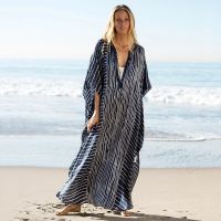 Plus Size Striped Summer Beachwear Chiffon Kaftan Beach Woman Tunic Bath Dress Robe plage Swim Wear Cover Up Q844