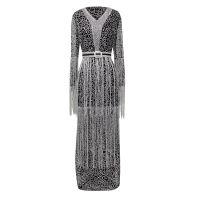 New Elegant Tassel Silver Maxi Party Dresses Long Sleeve Sexy V Neck Sling Sequin Long Dresses Bodycon Vestido Formal Robe