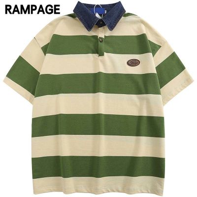 Rampage ญี่ปุ่นย้อนยุคสีที่ถูกบล็อก Kaus Polo Garis ผู้ชายและผู้หญิงผ้าบางสำหรับฤดูร้อน2022คู่สั้นเสื้อยืด