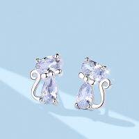 White Zircon Inlaid Cute Kitten Earrings for Women Personality Stainless Steel Earrings Party Wedding Engagement Jewelry Gift