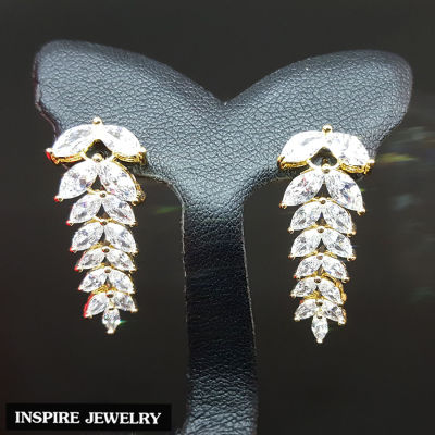 Inspire Jewelry ,ต่างหูใบช่อมะกอกระย้า ตัวเรือนหุ้มทองคำขาว ช่อมะกอกประดับเพชรCZ งานจิวเวลลี่เลิศหรู  ขนาด 1 x 2.5 CM  พร้อมกล่องกำมะหยี่