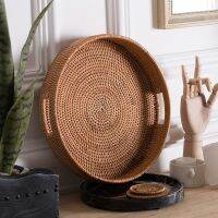 Rattan Basket Hand-Woven Coffee Breakfast Severing Tray Food Storage Platters Bread Plate with Handler For Drink Snack Tea