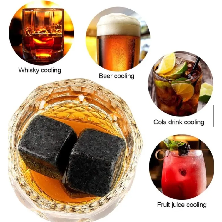 8pcs Whiskey Stones Set Chilling Stones 2 Glasses Wooden Box Chilling Rocks  Reusable Ice Cubes for Whiskey Wine Beer Juice Cool Drinks Bar Accessories