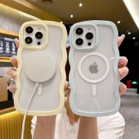 Floveyoo เคสชาร์จอะคริลิคแบบหยักหรูหราไร้สายแม่เหล็กสำหรับ Iphone 14 11 13 12 Pro Max สำหรับ Magsafe เคสลูกอมใส