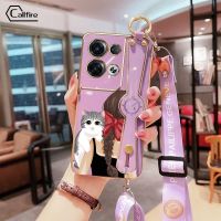 สายรัดข้อมือยาวสำหรับ Infinix Note 30i Note 30 Pro 4G 5G Note 30 Vip Smart 7 X6710 X678 X6711 X6833B X6515 Bowtie Girl และลายแมวน่ารักชุบโครเมี่ยมสุดหรู TPU นุ่มป้องกันกล้องสี่เหลี่ยมกรณีป้องกันยางตก