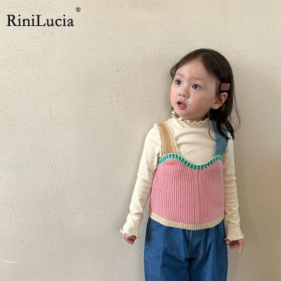 （Good baby store） RiniLucia Korean Style Kids Girls Knitted Sweaters Sleeveless Vest 2022 Children Autumn Clothes Patchwork Vest   Denim Pants