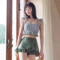 Japanese Korean Style Green plaid Ruffle Bikini Womens Swimsuit Frills Sleeveless Swimwear Women  Bathing Suit Beachwear