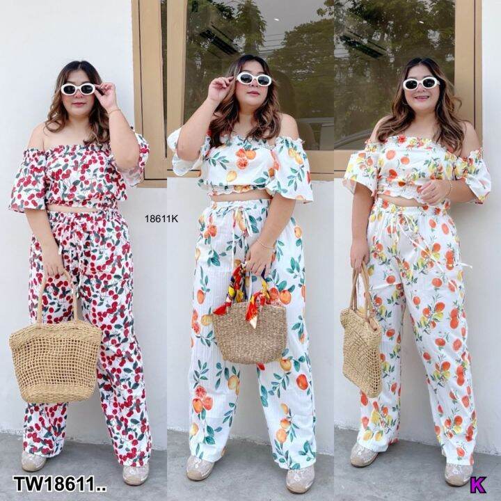 tw18611-set-bigsize-2-ชิ้น-เซตครอปเสื้อทรงปาดไหล่-กางเกงขายาว