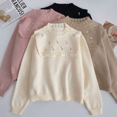 [COD] Embroidered lace round neck long-sleeved outerwear womens 2022 autumn and winter Korean style retro loose western sweater trendy